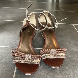 Coach Women's Brown leather Braided Snake Embossed  Stiletto strappy heels 9‎